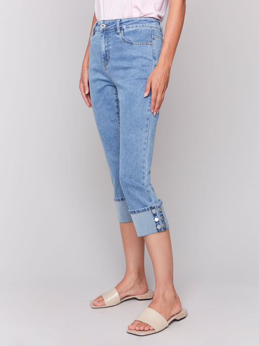 Cropped Jeans With Snap Button Cuff Detail