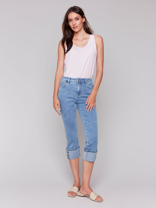 Cropped Jeans With Snap Button Cuff Detail