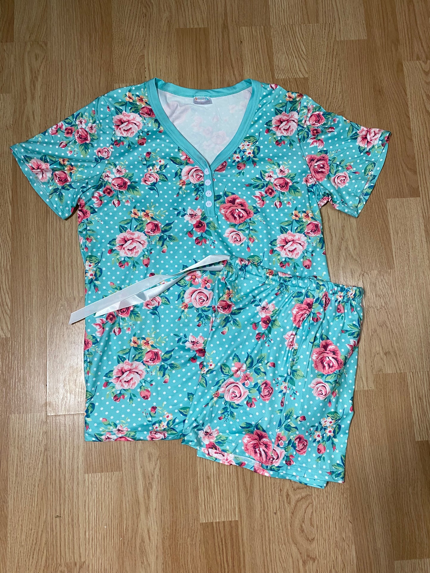 Mint Rose Polkadot Short Sleeve PJ Set With Shorts